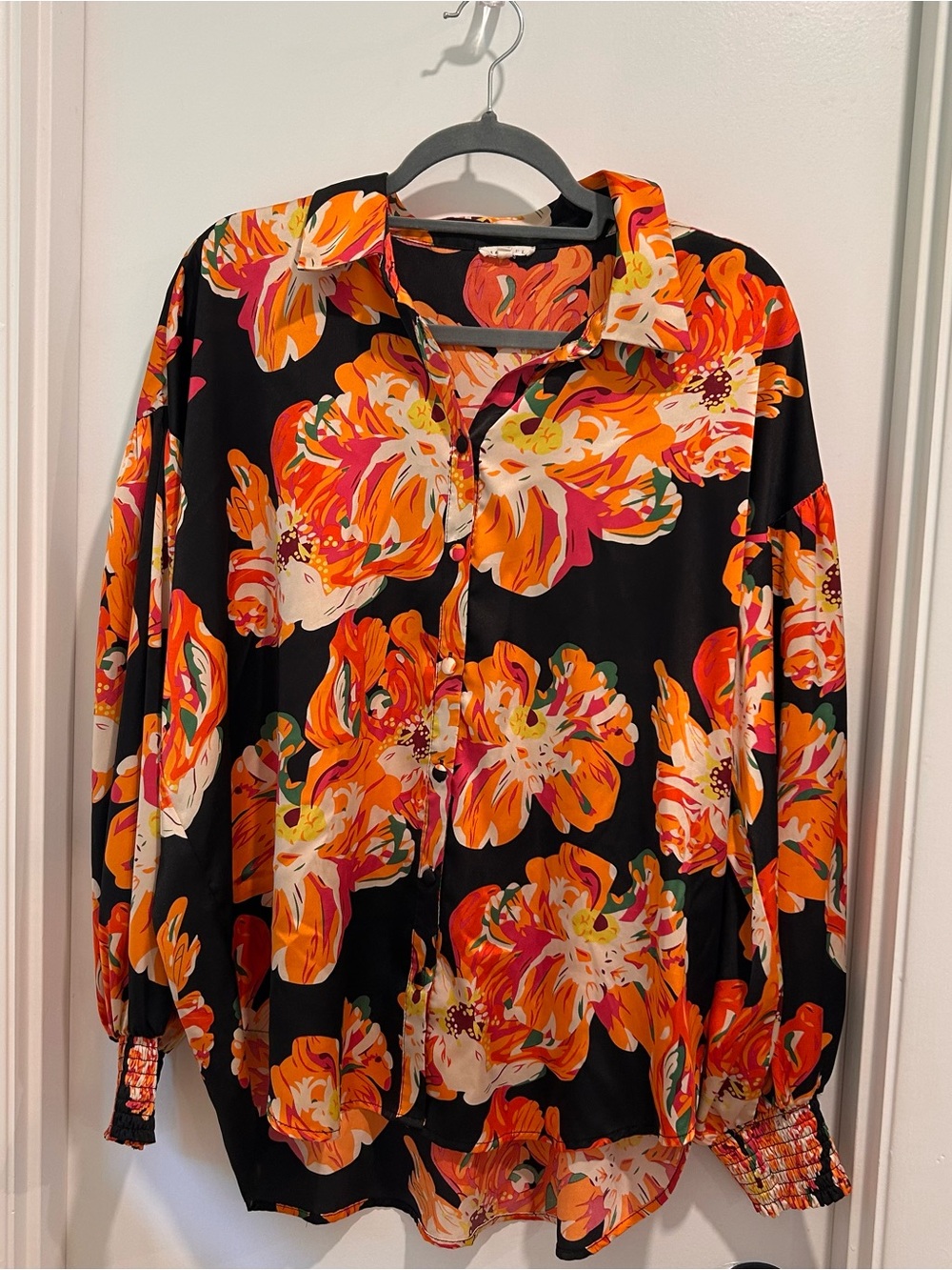 Jodifl Black Satin Vibrant Flower Print Button Front Shirt